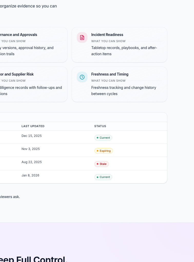 Aurora Command screenshot showing evidence freshness timing, approvals, and current versus expiring status indicators.