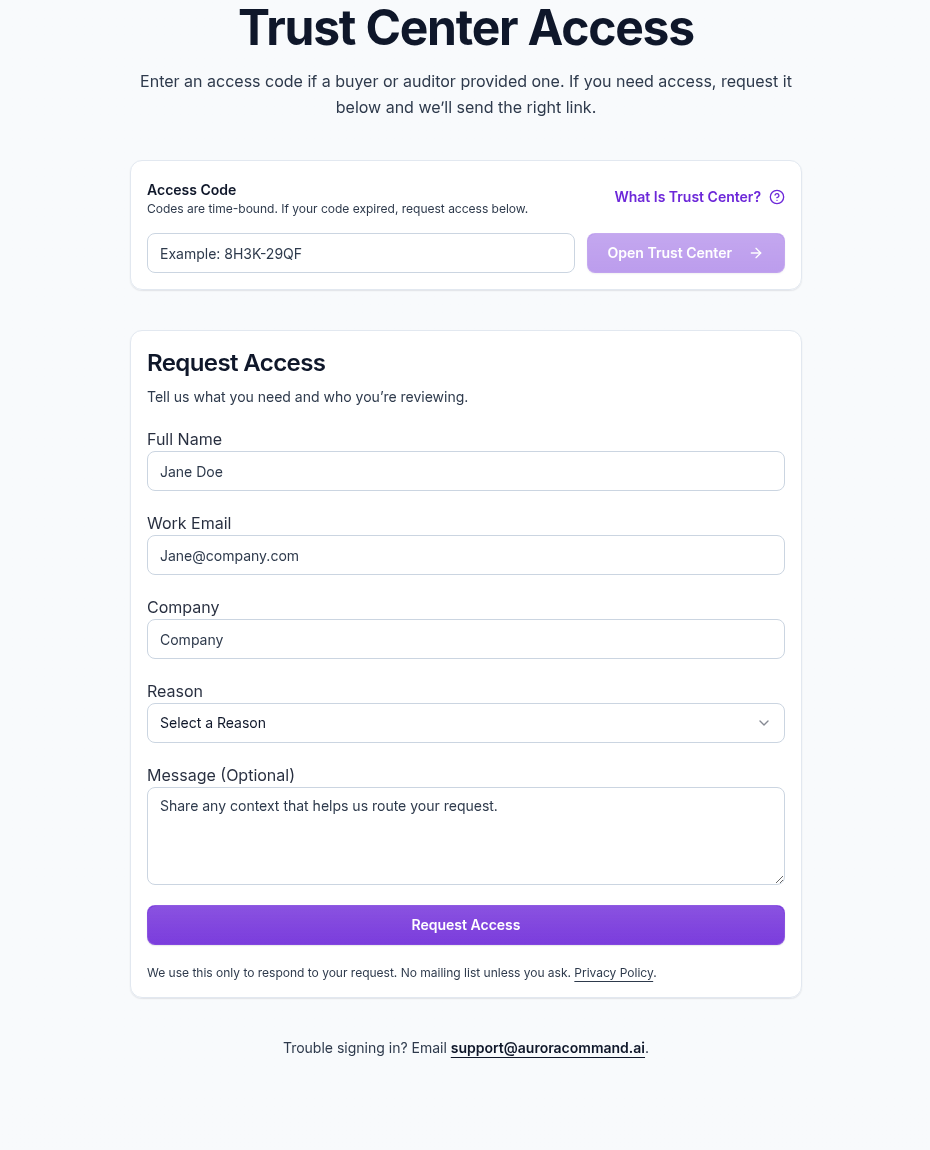 Aurora Command Trust Center access screen showing access-code entry and request-access form.